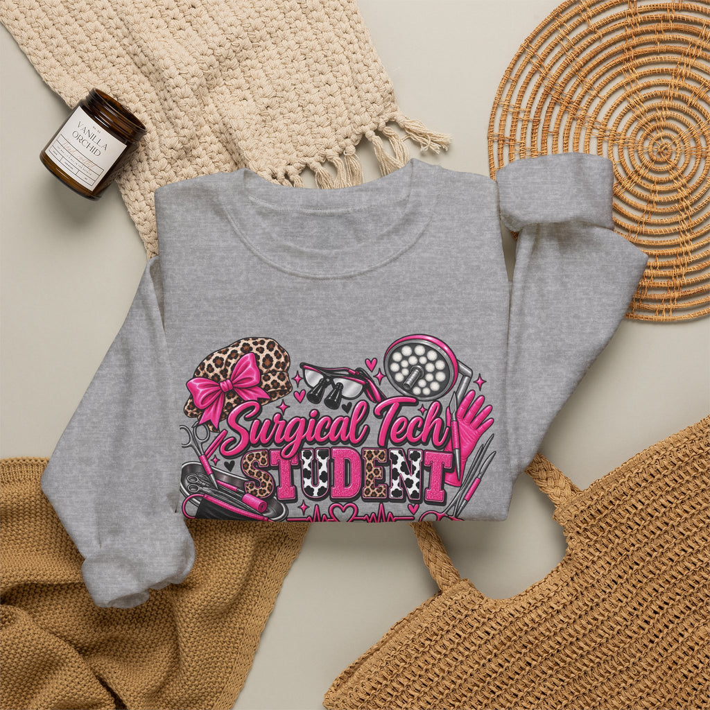 Surgical Tech Student Crewneck Sweatshirt — "Staygold Tash" Salon Scissors & Dryer Graphic