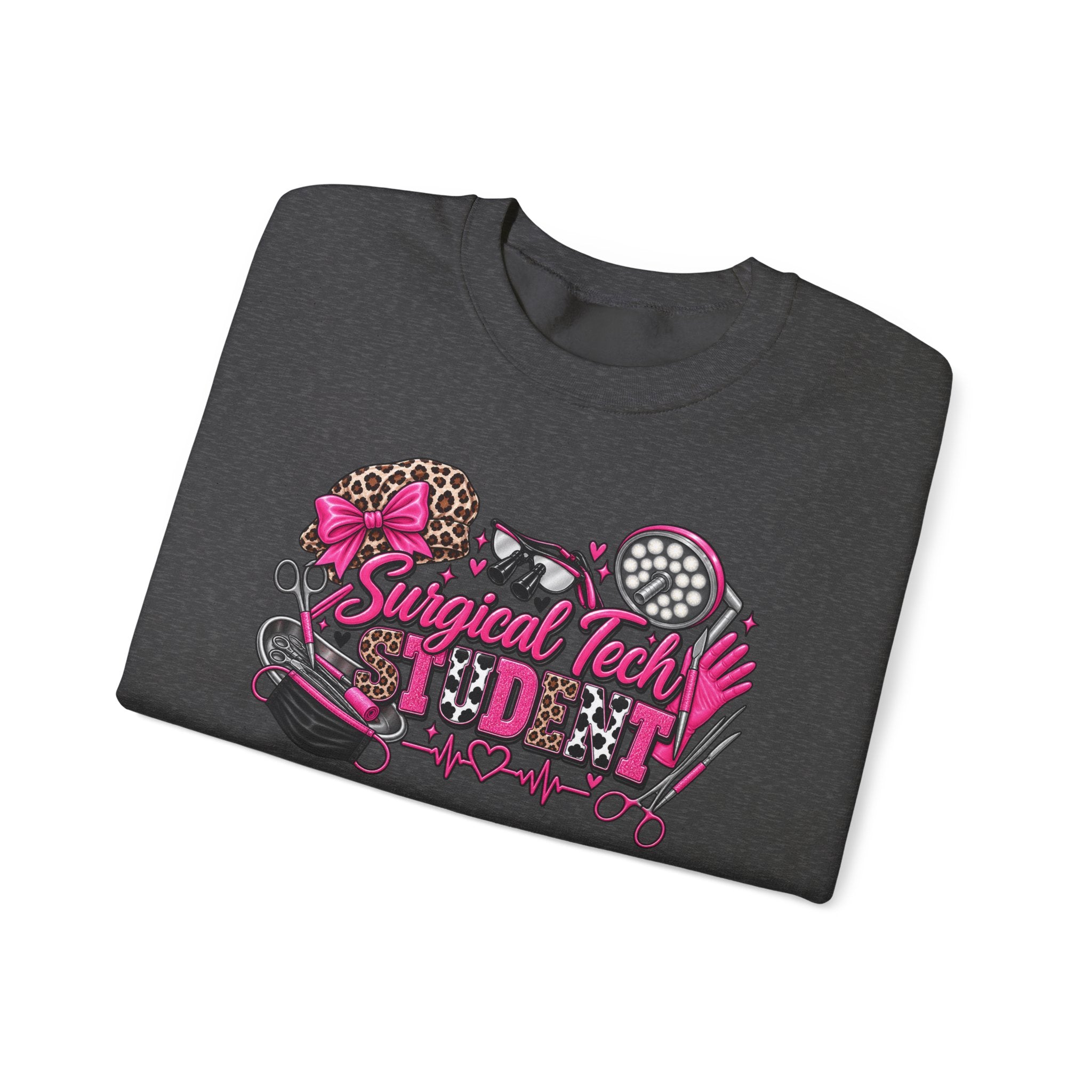 Surgical Tech Student Crewneck Sweatshirt — "Staygold Tash" Salon Scissors & Dryer Graphic
