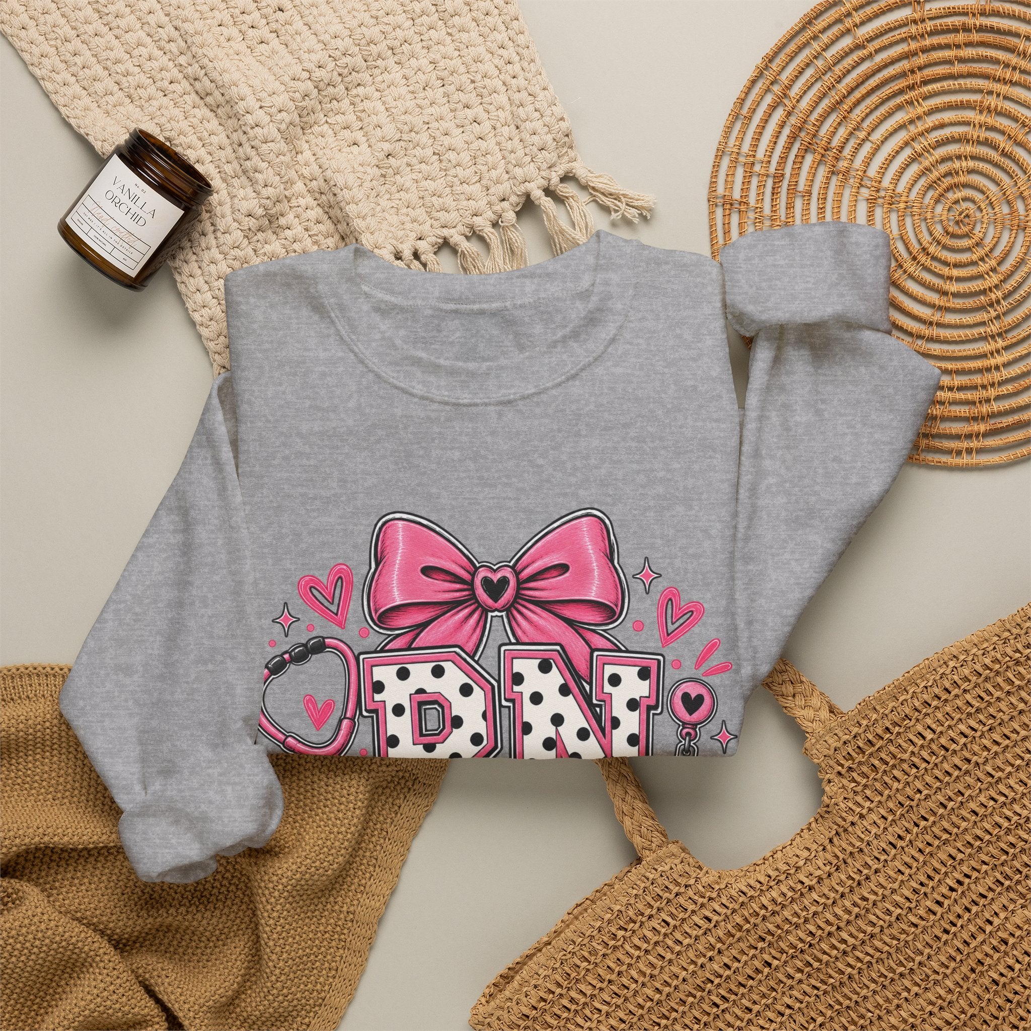 RN Registered Nurse Sweatshirt — Cute Pink Bow Nursing Crewneck