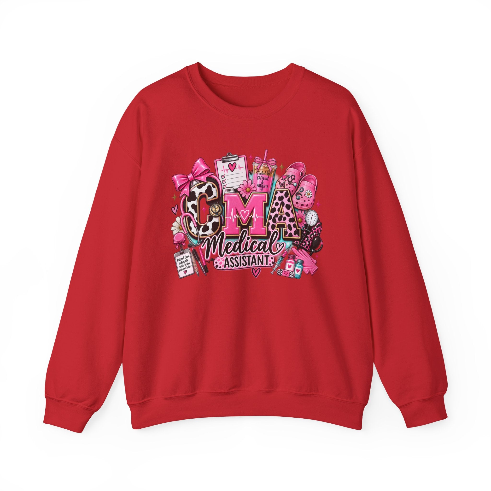 Cow Print Medical Assistant Crewneck Sweatshirt – Pink Nursing Badge & Stethoscope Design