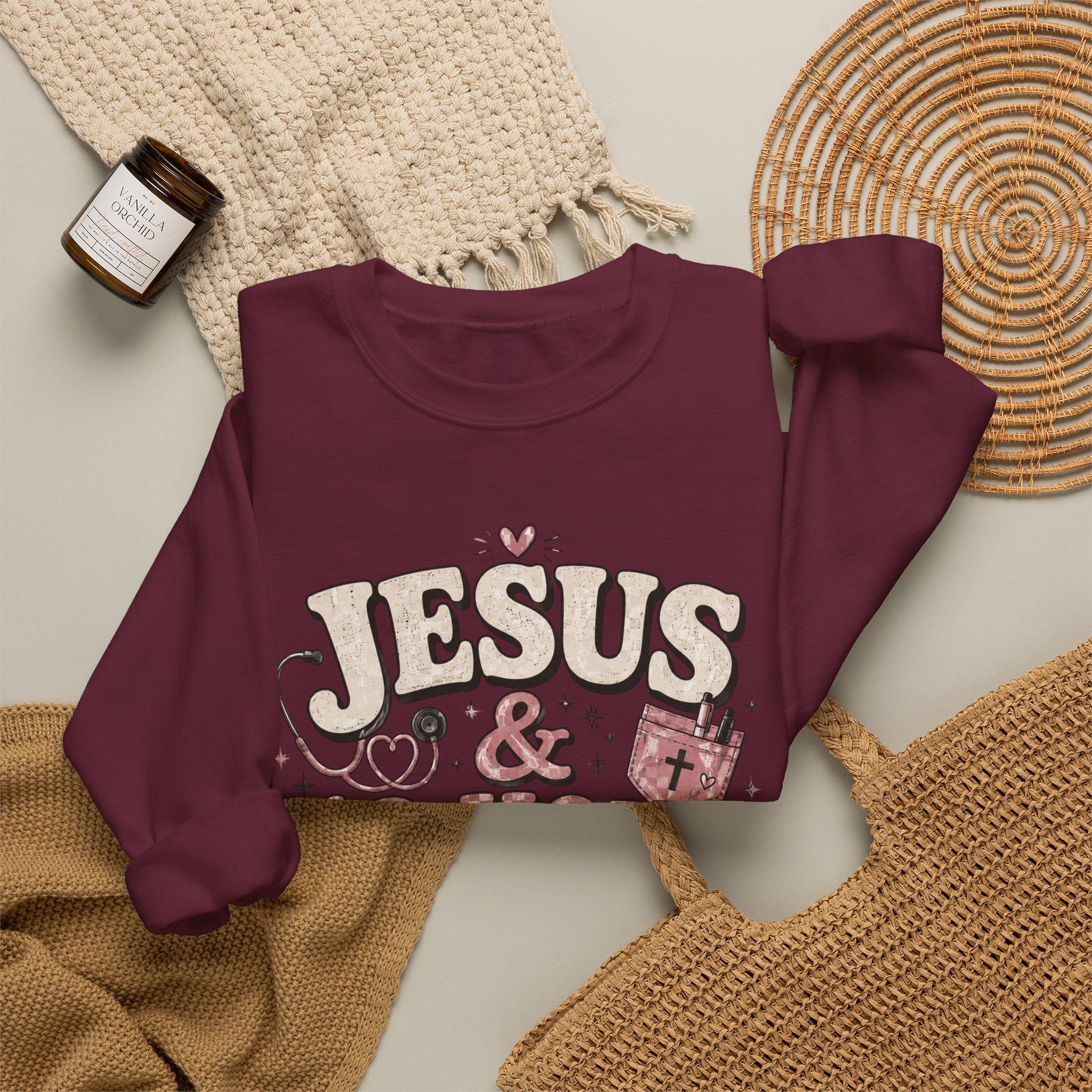 Crewneck Sweatshirt — "Jesus & 12-Hour Shifts" Christian Nurse Gift